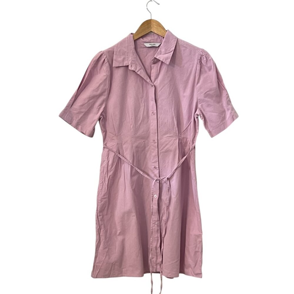 VAN AKE Unique Pink Shirt Dress Women Button Front Tie Waist Collared Size M
